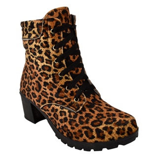Bota Feminina Coturno Estampado Onça Cano Médio Salto Tratorado