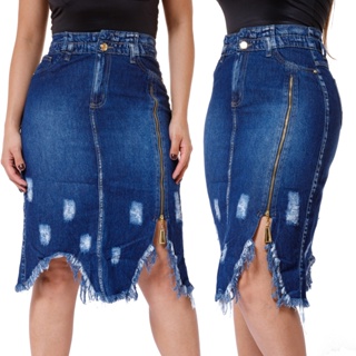 Saia Jeans Longa Midi Com Rasgo Evangélica Escura Cintura Alta Com Zíper Na Lateral Levanta Bumbum