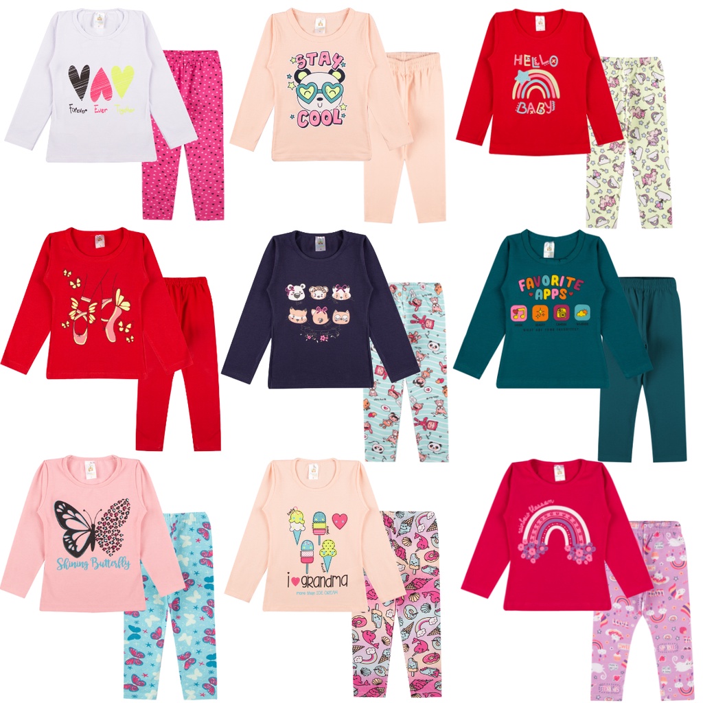 Kit Sortido 6 Peças de Roupas Feminino Infantil Inverno e meia estação – 3 camisas manga longa + 3 calças legging de 1 ao 10 – Promoção – Kit 3 Conjuntos Blusa manga longa e legging cotton Infantil Menina