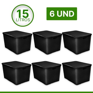 Kit 6 Cesto Caixa Organizadora Rattan Com Tampa 15 Litros Preto Marrom Branco Empilhável