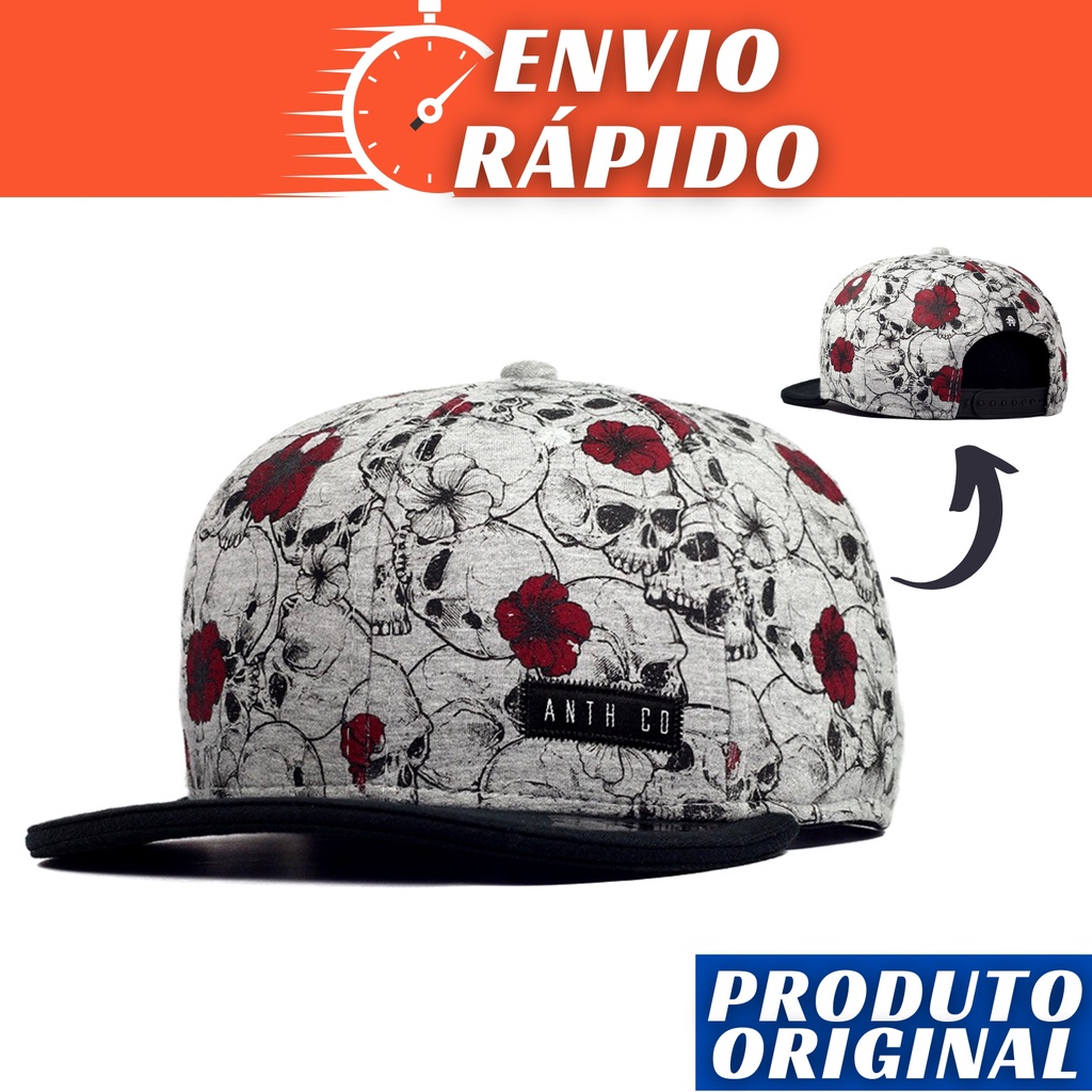 Boné Aba Reta Original Aberto Anth Co Snapback Caveira Cinza Preto