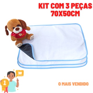 Kit 3 Tapetes Higiênico Lavável Branco e Azul - 200 Lavagens - 70x50cm - Impermeável base em Lona