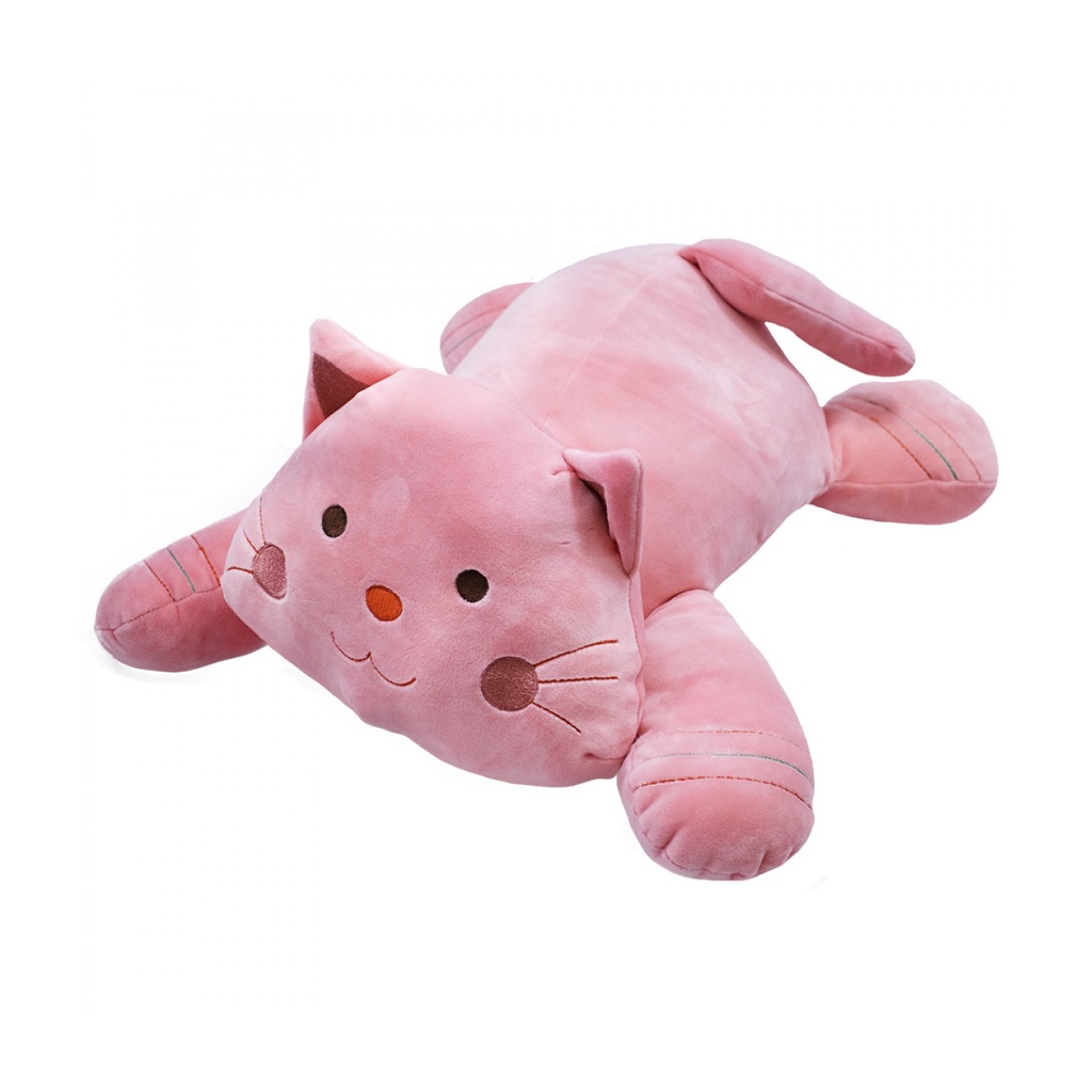 Gato De Pelúcia Deitado Rosa Branco 37Cms - Gatinho Detalhes Em Bordado