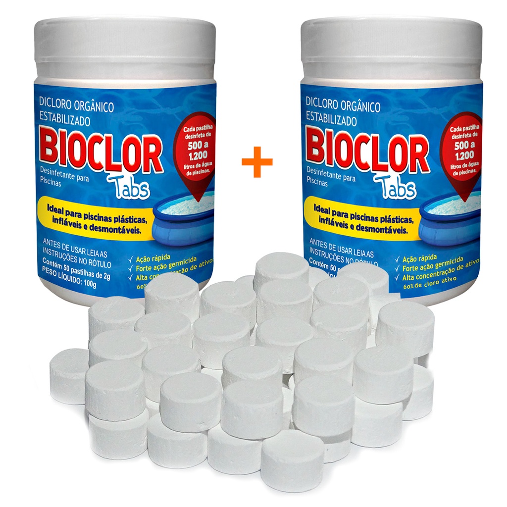 Cloro Piscina Inflável 100 Pastilhas 2g Bioclor 2 Potes Kit | Shopee Brasil