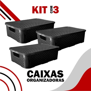 Kit 3 Caixas/Cesto Com Tampa Organizadora Porta Folha A4 Rattan 10 Litros