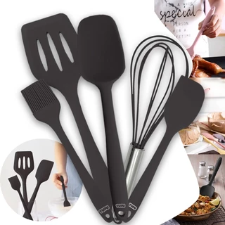 O melhor Jogo Kit C/5 Peças Utensílios De Cozinha Colheres Espátula Silicone Cabo Inox Decoração Livre BPA Premium em Oferta na Shopee