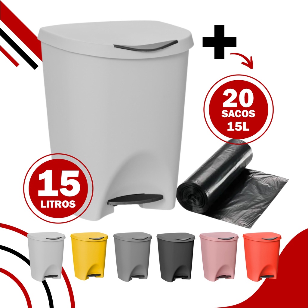Lixeira Escritório Cozinha Banheiro C Pedal Plastica 15l E Saco De Lixo