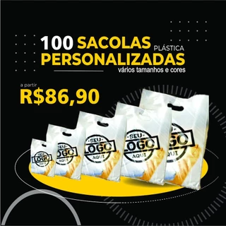 100 Sacolas Personalizadas Plástica para Loja com logo Sacola Boca Vazada / Boca de Palhaço