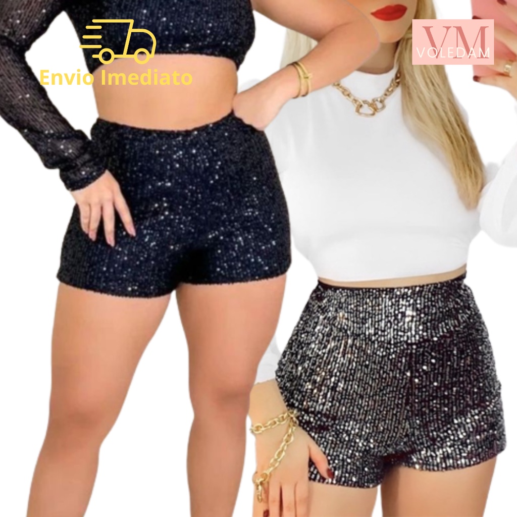 Short Feminino Paetê Brilho Curto Moda Balada Luxo Festa Promoção