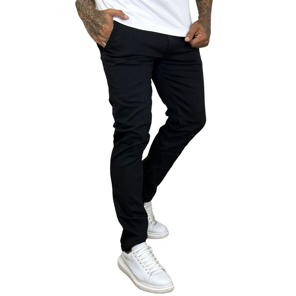 Calça Preta De Sarja Masculina Com Elastano Bolso Faca / Embutido Alfaitaria