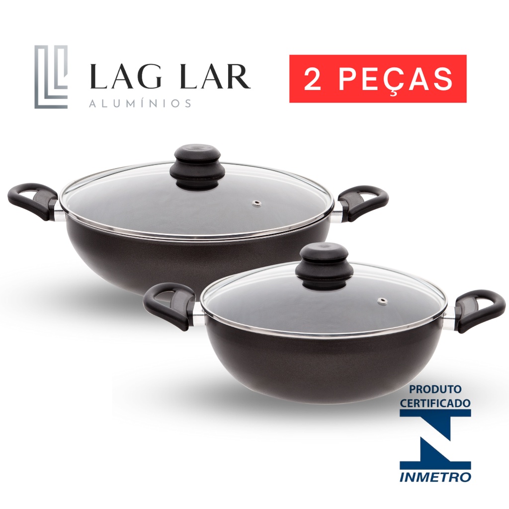 Conjunto Panela Wok Frigideira Grande Caçarola Teflon Antiaderente Com Tampa de Vidro