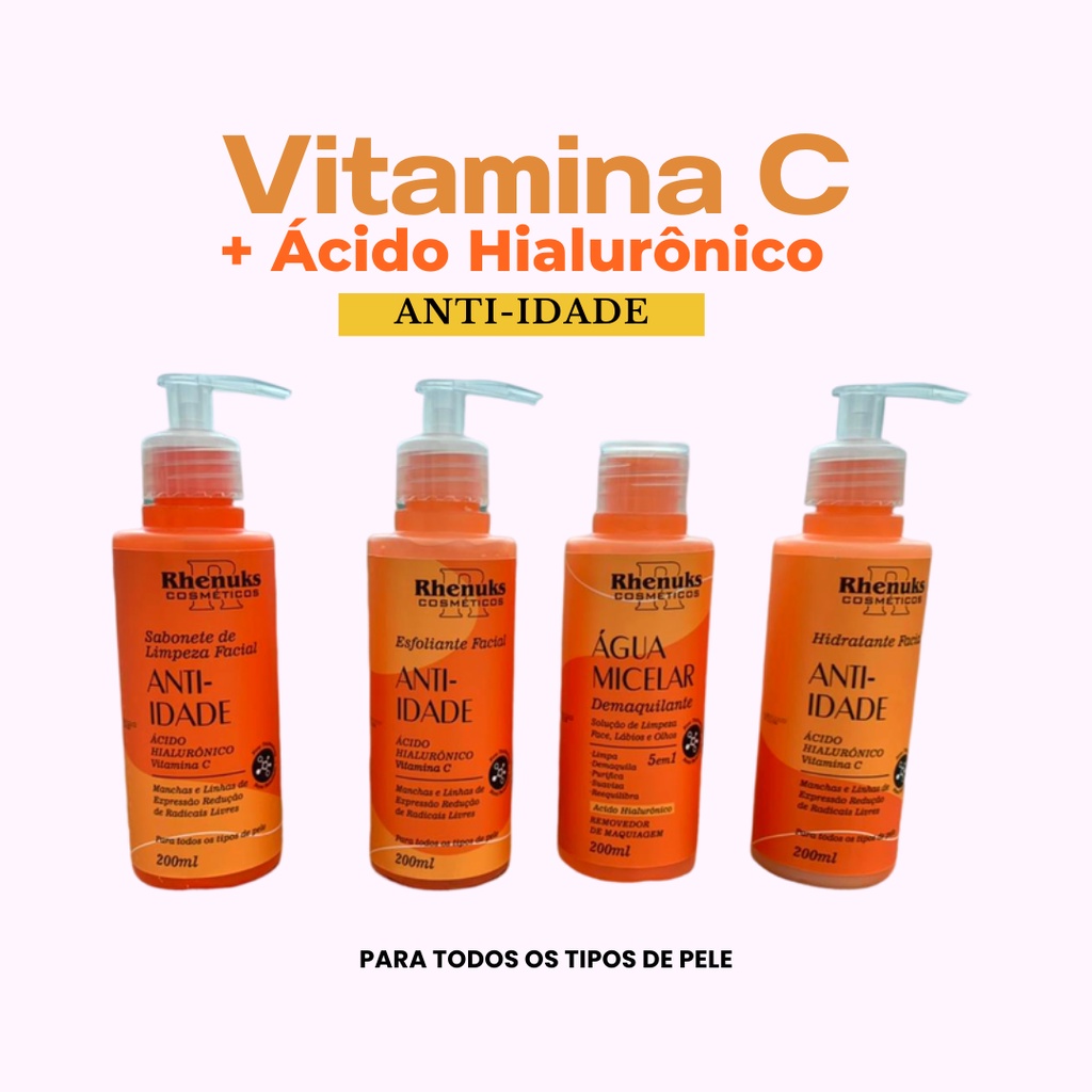 Kit SkinCare Vitamina C + Hialurônico Anti idade Clareador Anti expressão Limpeza de Pele e Cuidado Facial Completo c/ 4 itens