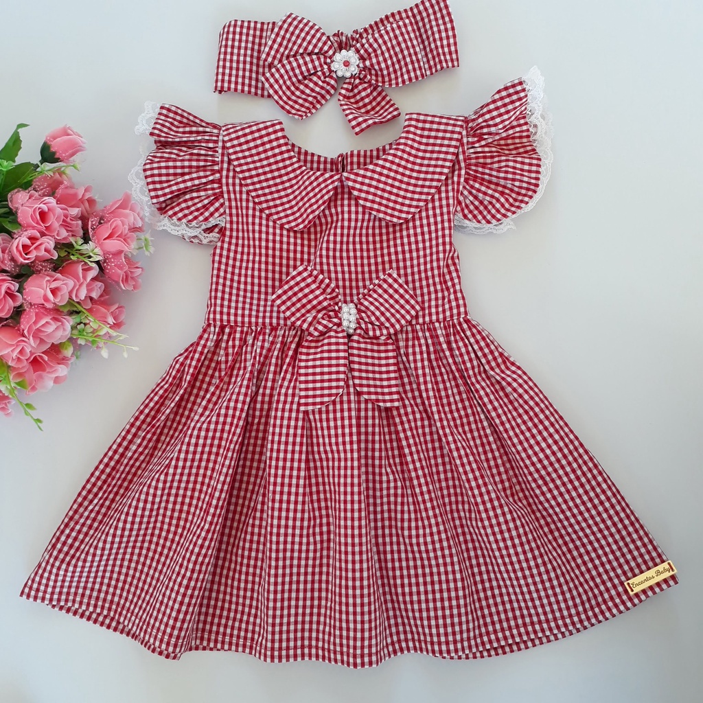 Vestido Infantil Xadrez + Faixa de cabelo para menina de 1 ano Vestido ...