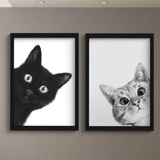 Quadro Decorativo Pet Desenhos de Gatos em Preto e Branco com Moldura Branca  40x60cm