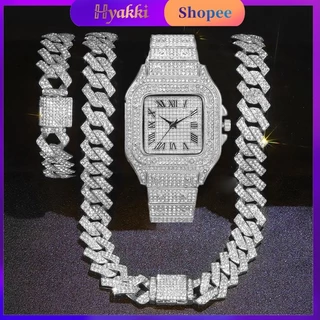 HYAKKI Relógio masculino Corrente ice Hip Hop Diamante ice cravejado Colar masculino relógio Com Pulseira Jóias Para