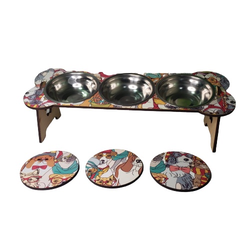 Comedouro Elevado Triplo Pet Cachorro Gato Inox ou PLastico