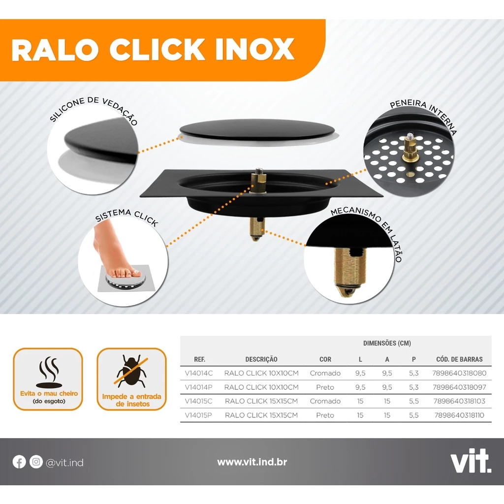 Ralo inox 15x15cm em uso no banheiro