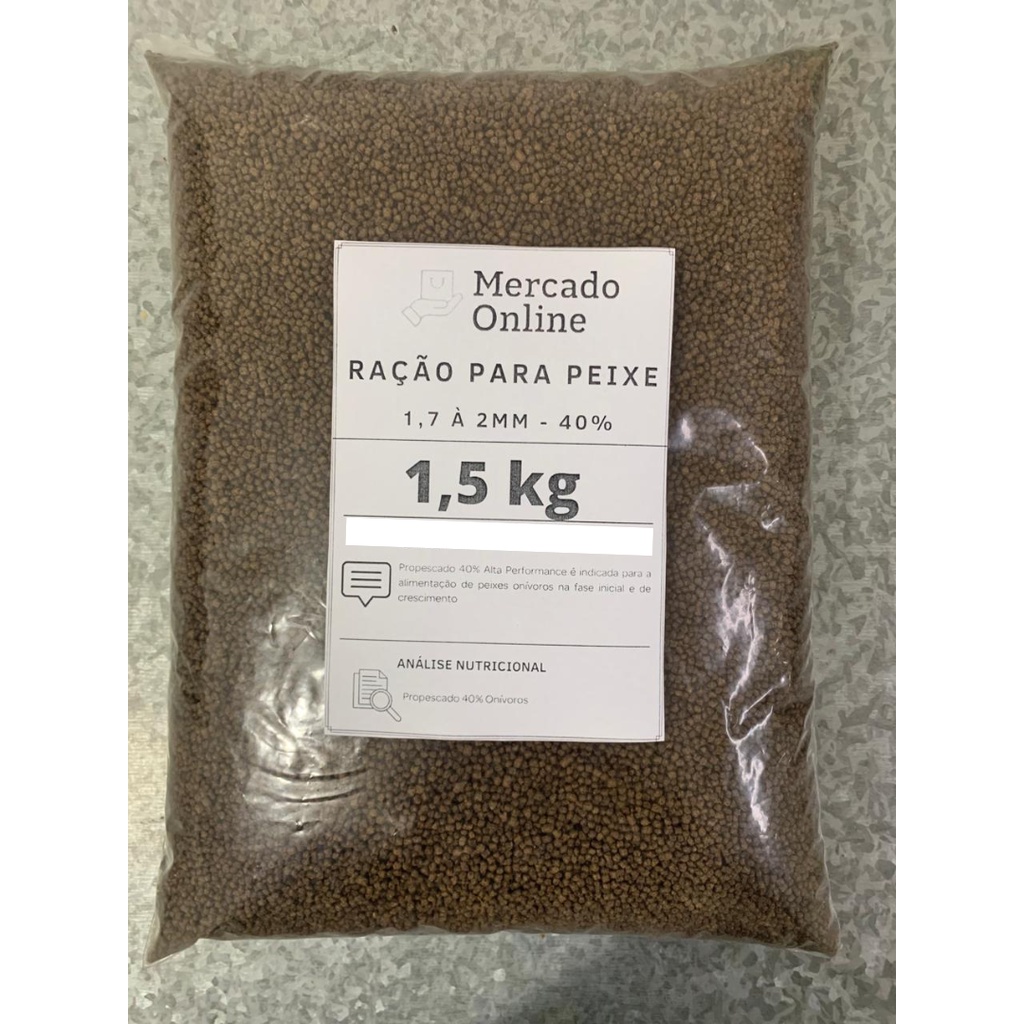 Ração em pacote de 1,5KG para peixe - Alimento em partículas extrusadas de 1,7 mm a 2 mm e 40% alta performance