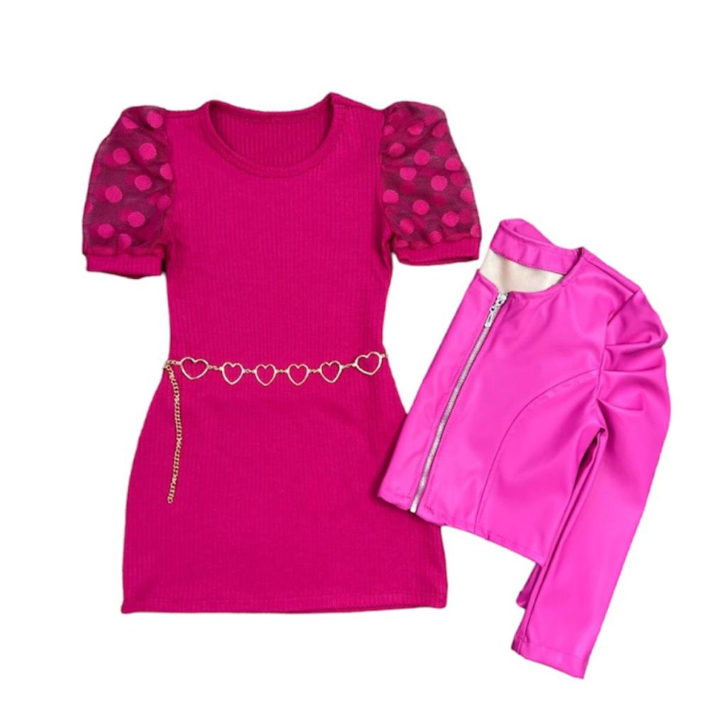 Vestido Infantil Feminino E Jaqueta Manga Bufante Couro Fake