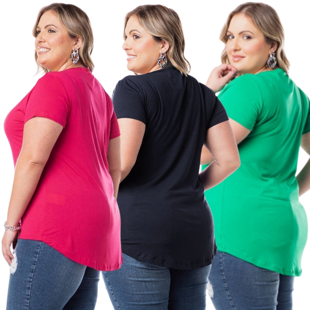 Blusas Femininas Plus Size Tampa Bumbum Mullet Alongada Kit com 3 Peças 1126-K3-C1