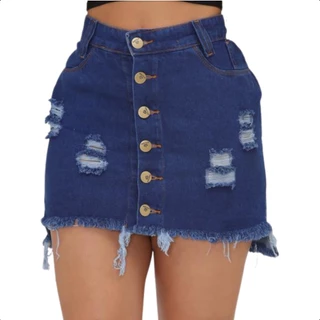 Saia Jeans Cintura Alta Com Fechamento Em Botões Barra Desfiada Levanta Bumbum