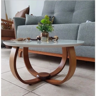 Uma Mesa Centro Gota 60 cm Off White/Pés Mel (35 de altura)