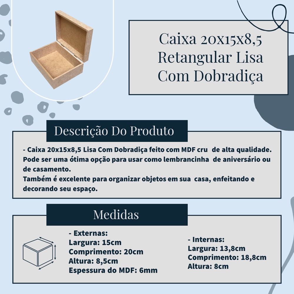 Caixa Retangular Lisa Com Dobradiça 20x15x8,5 - MDF Cru | Shopee