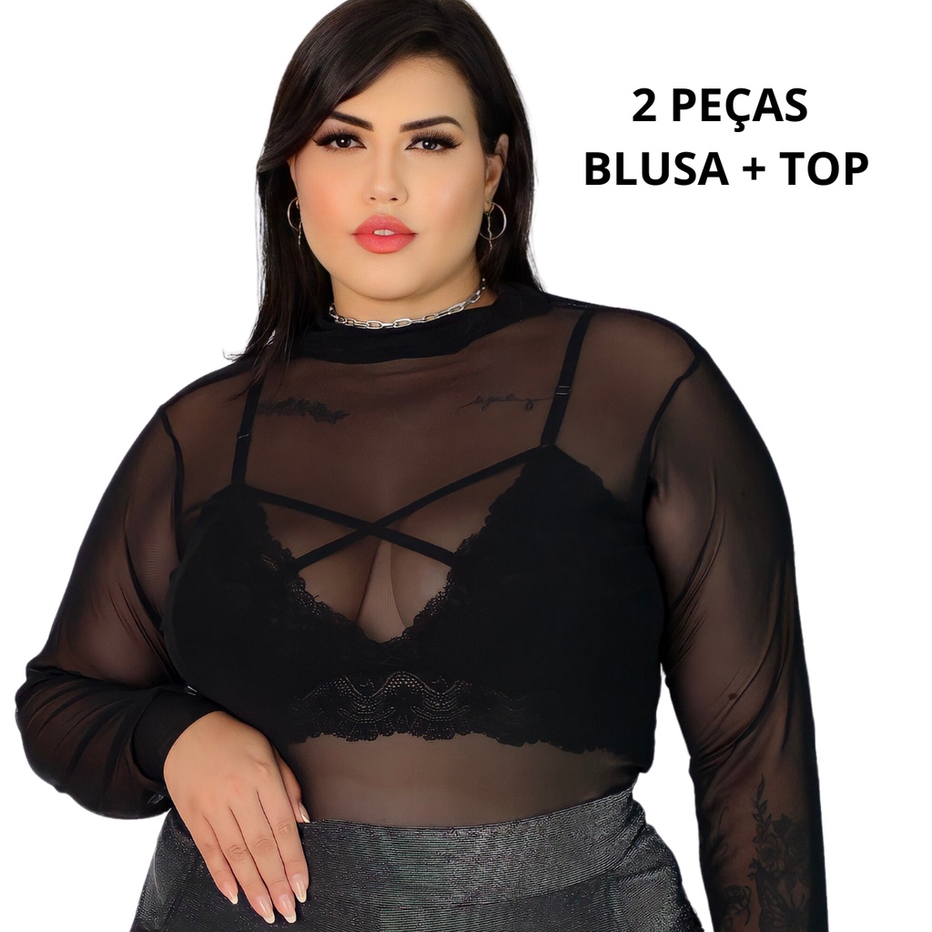 Blusa Transparente PLUS SIZE Frio Inverno , Blusinha em Tule Plus Size Moda Feminina Plus Sensual Tamanho Grande