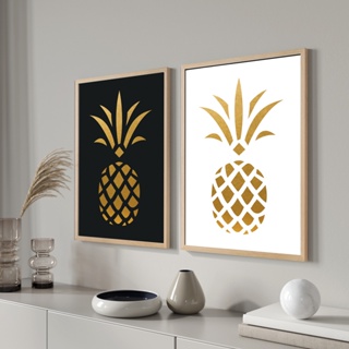Quadros para sala quarto Moldura e vidro Abacaxi Dourado Cozinha