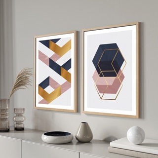 Quadros para sala quarto Moldura e vidro Branco Dourado Abstrato