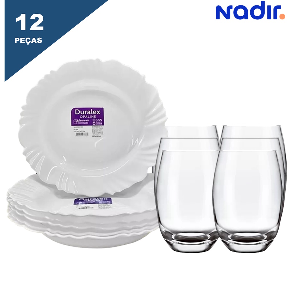 Jogo de Pratos de Vidro 6 Peças Duralex + Jogo de Copos de Vidro 6 Peças Aruba Nadir