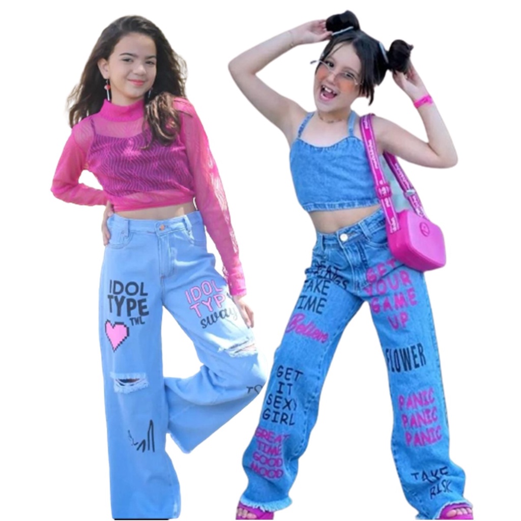 Calça Jeans Wide Leg infantil Juvenil Estampada com desenho