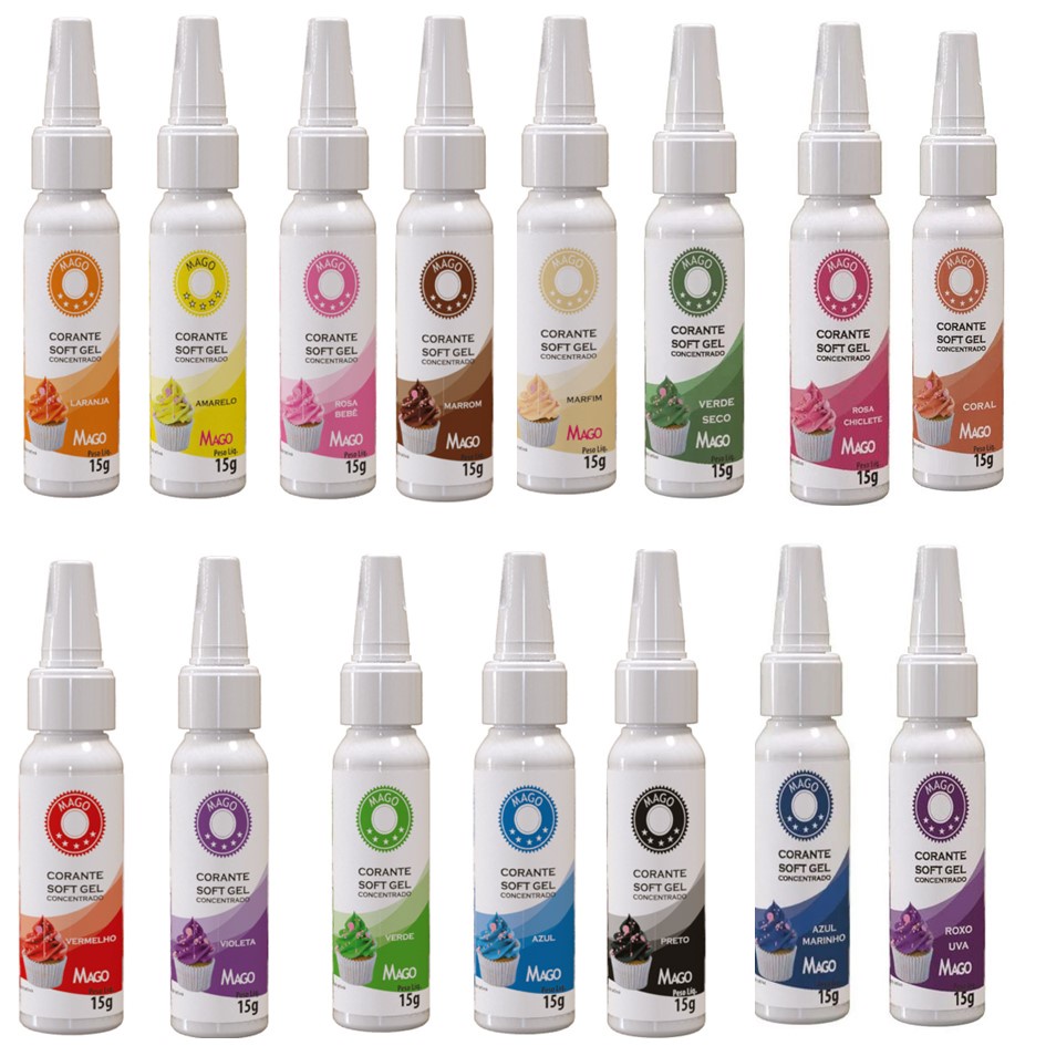 Kit 15 Corante Alimentício Soft Gel Mago 15ml Confeitaria De