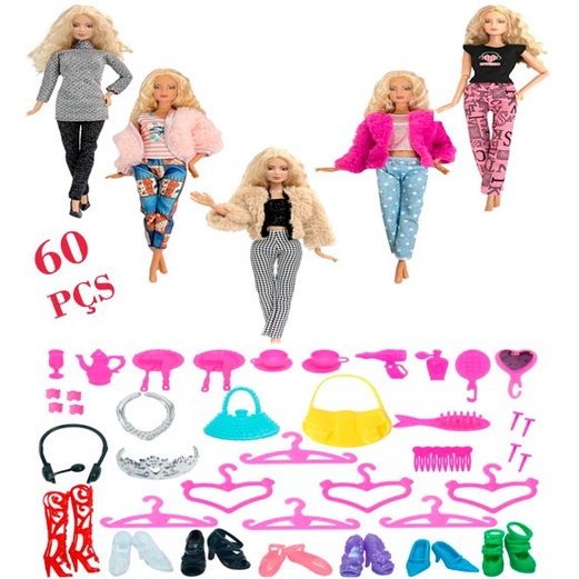 Kit 56 Peças Roupas e Acessórios Boneca Estilo Barbie com Roupinha Vestido  Sapato Oculos Varios Itens