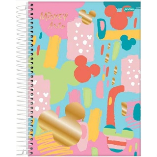 Caderno Mickey 10 Matérias Capa Dura Adesivos Material Escolar Disney Colorido Volta as Aulas
