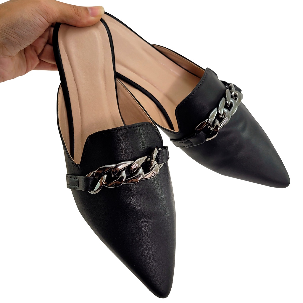 Mule Rasteirinha Feminina Sapatilha Bico Fino Preta Confortável Napa ...