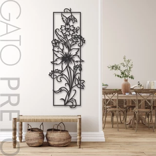 Placa Quadro Decorativo Mural de Flores Vertical Planta Jardim Quarto Sala Flores Madeira MDF Preto Fosco