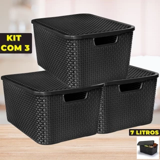 Kit Com 3 Cesto Caixa Organizadora Rattan Com Tampa 7 Litros Preto