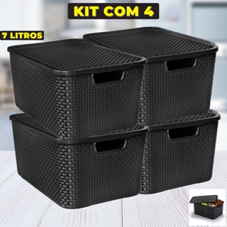 Kit Com 4 Cesto Caixa Organizadora Rattan Com Tampa 7 Litros Preto