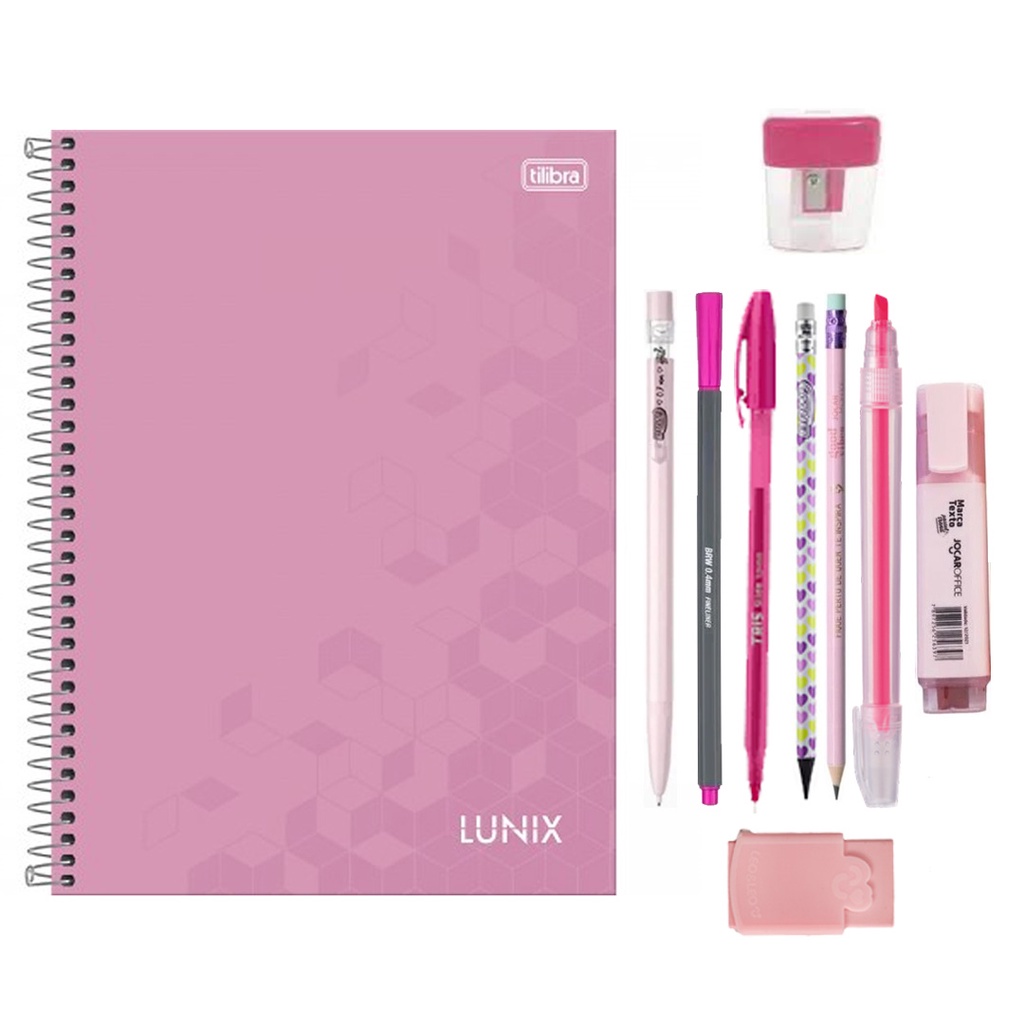 Kit Material escolar 63 itens com Caneta Caderno Marca Texto Tesoura  Canetinha Presente volta às Aulas