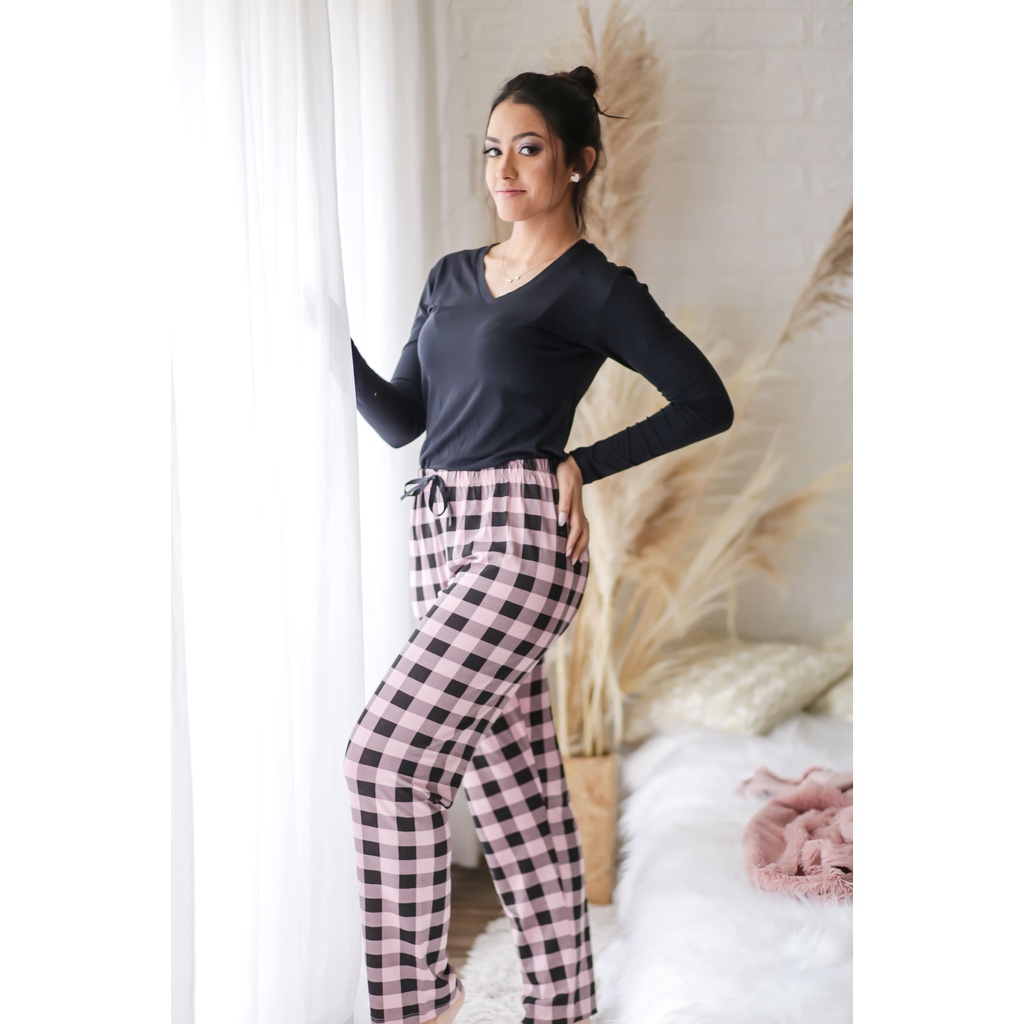 Pijama Xadrez Longo Fechado Feminino Manga Comprida