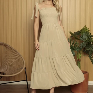 Vestido Longo De Alça com Elastec 3 Marias / tecido Crepinho / várias cores
