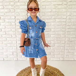 Vestido Infantil Jeans Manga Bufante Moda Bloguerinha 4 ao 12