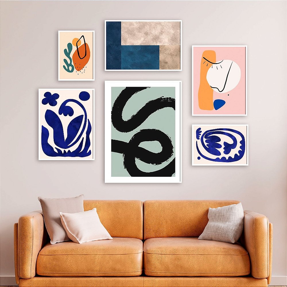 Kit 6 Quadros Decorativos Composê Cores Azul Minimalista Sala Quarto Decoração