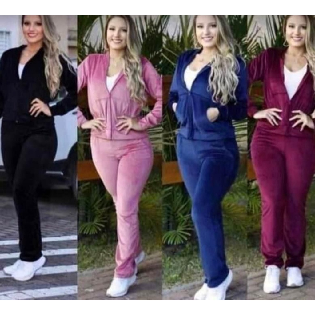 Conjunto feminino plush aveludado com zíper e bolso blusa e calça macio ...