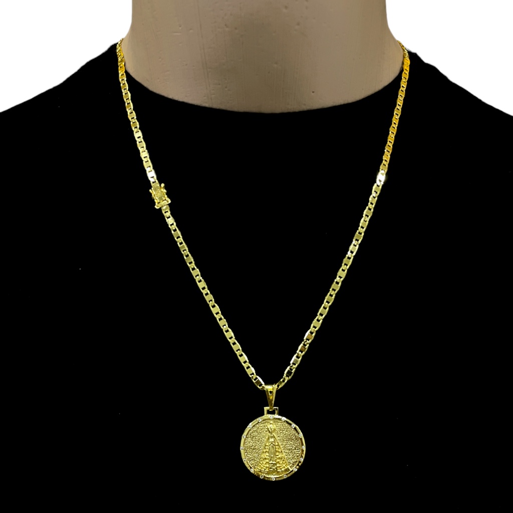 Corrente Piastrine 4mm - Banho de Ouro 18k + Liga de Moeda Antiga + Nossa Senhora