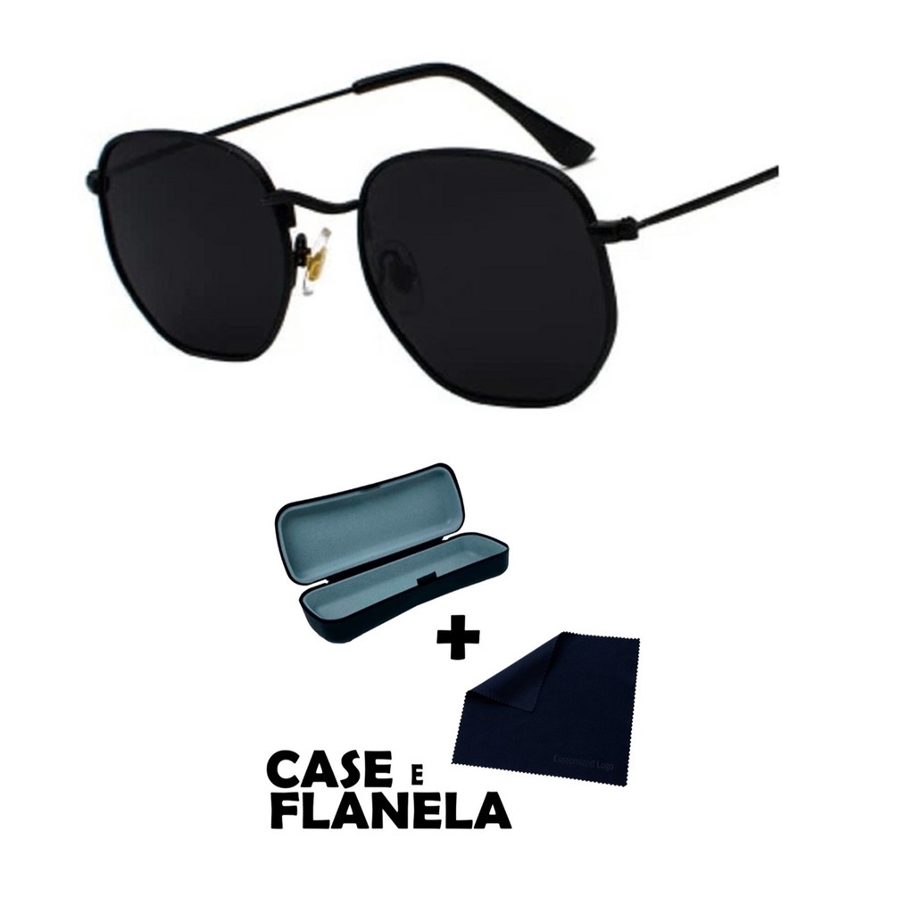 Kit 1 Óculos De Sol Hexagonal + Kit Case Com Flanela . .