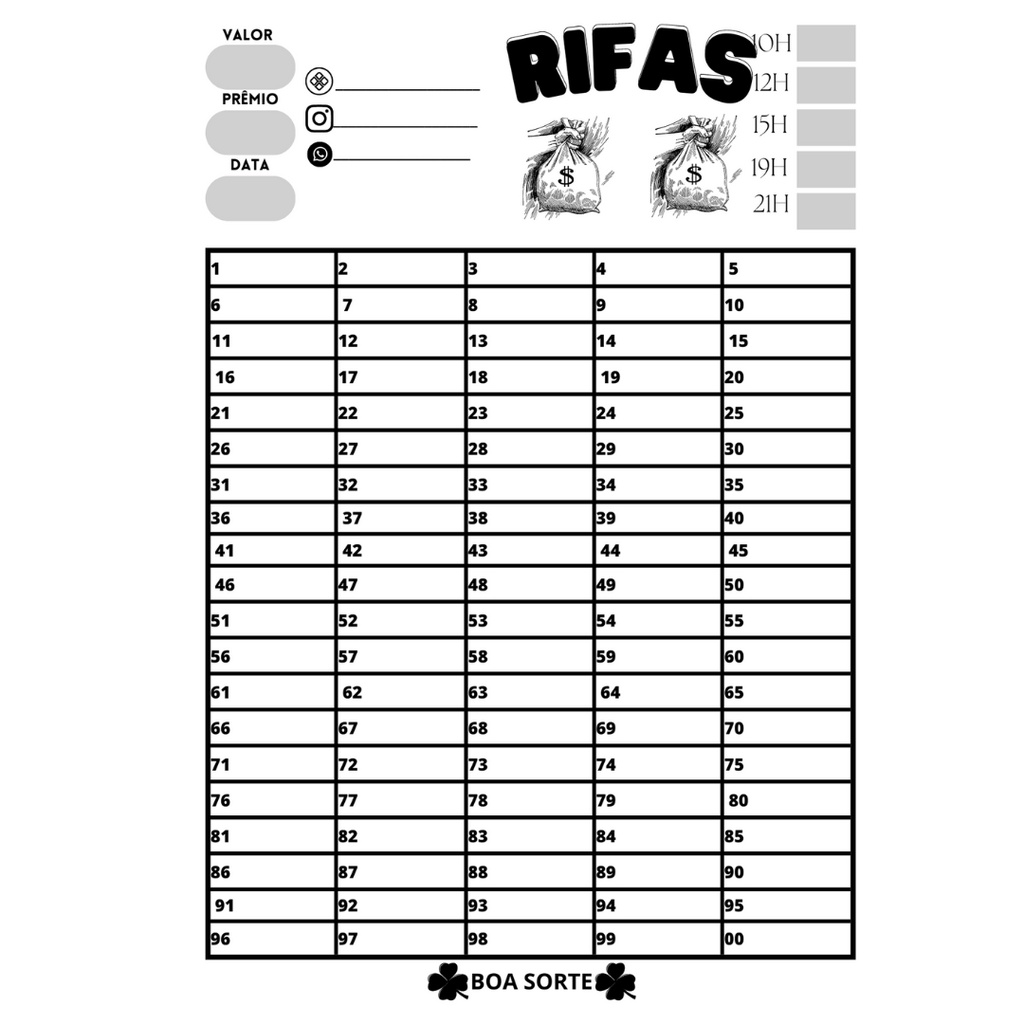 5 CARTELA DE RIFA DEZENA TAMANHO 21X29CM PERSONALIZADA 100 NUMEROS ...