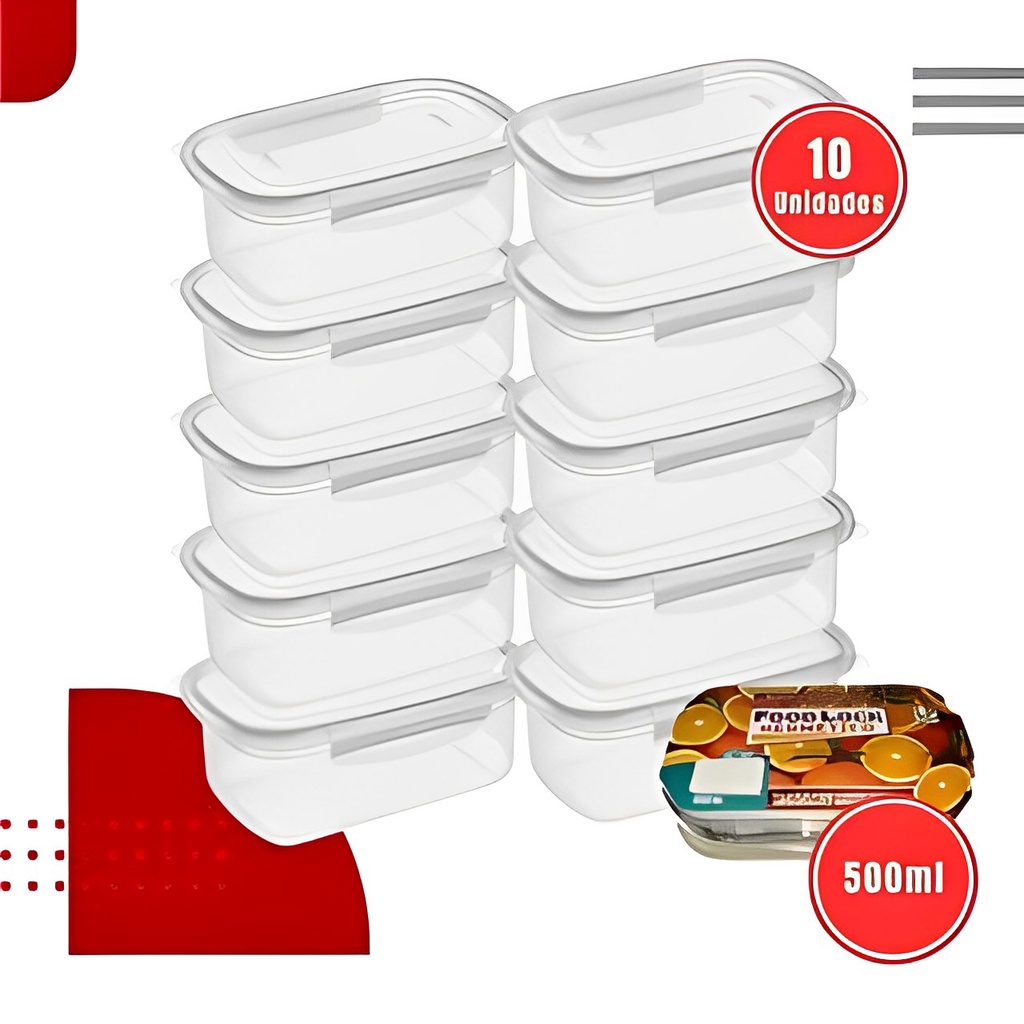 Kit Marmitas Fitness 500ml Para Freezer E Microondas Potes Plásticos com Trava Hermético