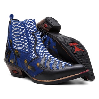Bota Texana Country Cano Médio Em Couro Estampado e Detalhe Bico Fino Masculina